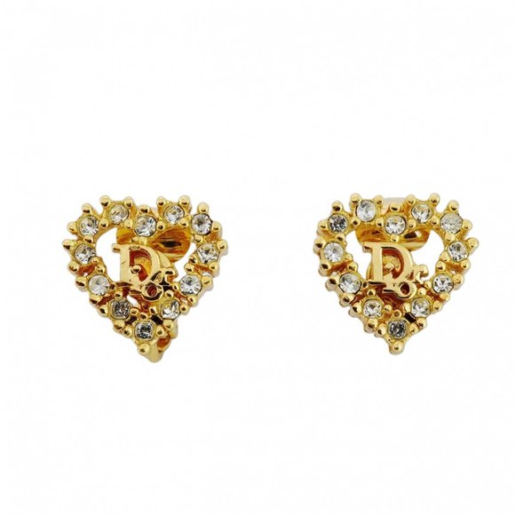 Christian Dior earrings, heart motif, GP plated, rhinestone, gold, for women. - Picture 1 of 6
